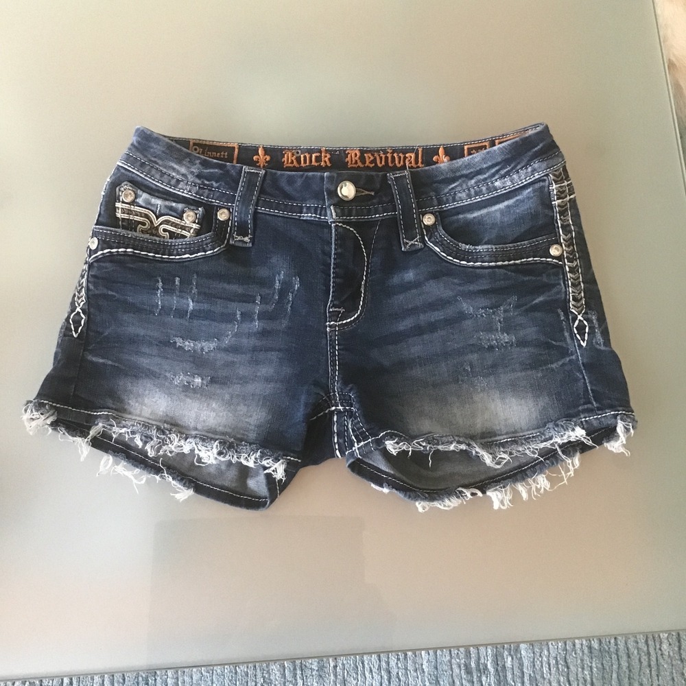 Rock Revival Linnett Dark Wash Distressed Jean Shorts Women 27 Fleur De Lis Y2K